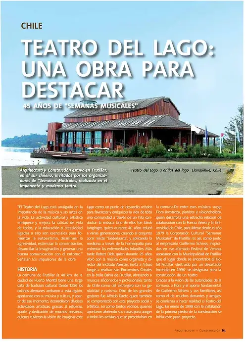 "Teatro del Lago: una obra para destacar". Artículo sobre la construcción del Teatro del Lago de Frutillar, Chile.